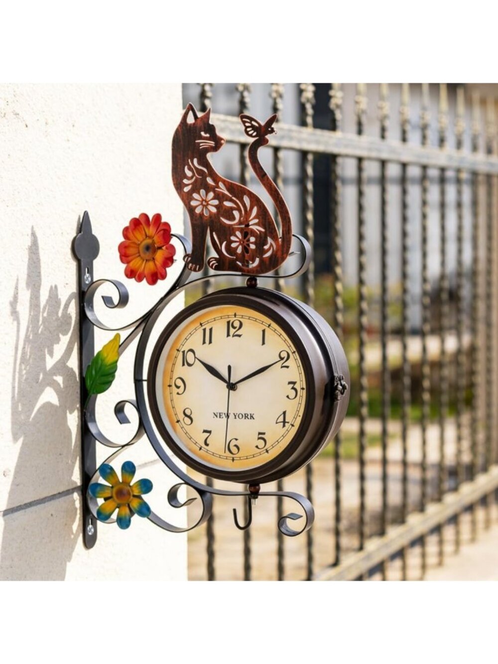Vintage Double-Sided Metal Wall Clock - Silent, Antique Cat Design for Home